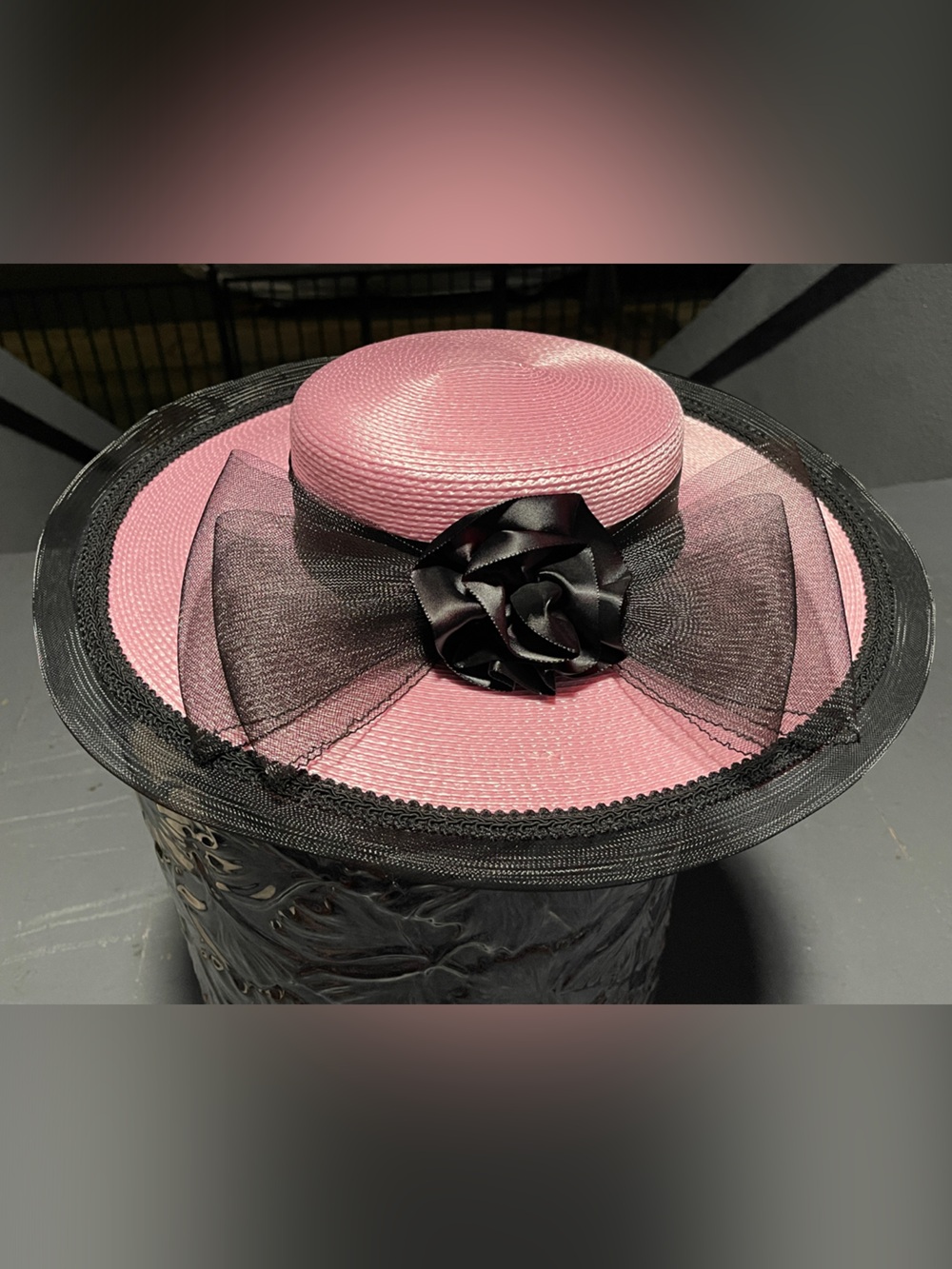 Elegant Pink and Black Wide-Brim Church Hat with Bow